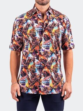 NEW Maceoo Galileo Resistance 0345 Vintage Car Print Short Sleeve Button Up 4 L